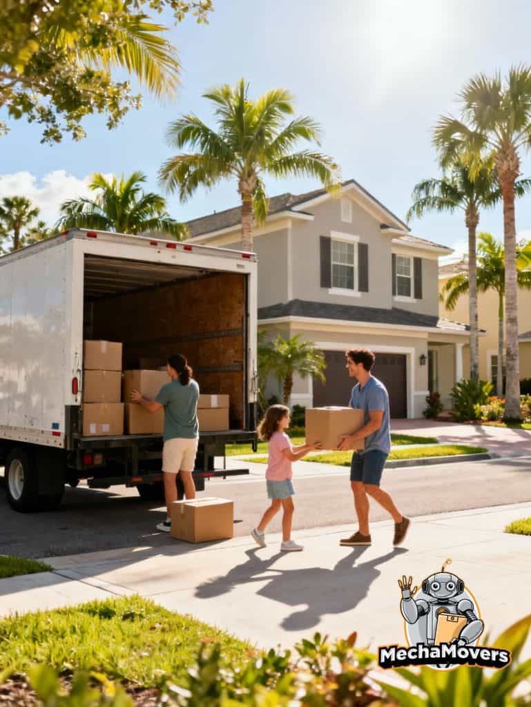 a cheerful young family moving into a bright, palm lined orlando neighborhood on a sunny day.